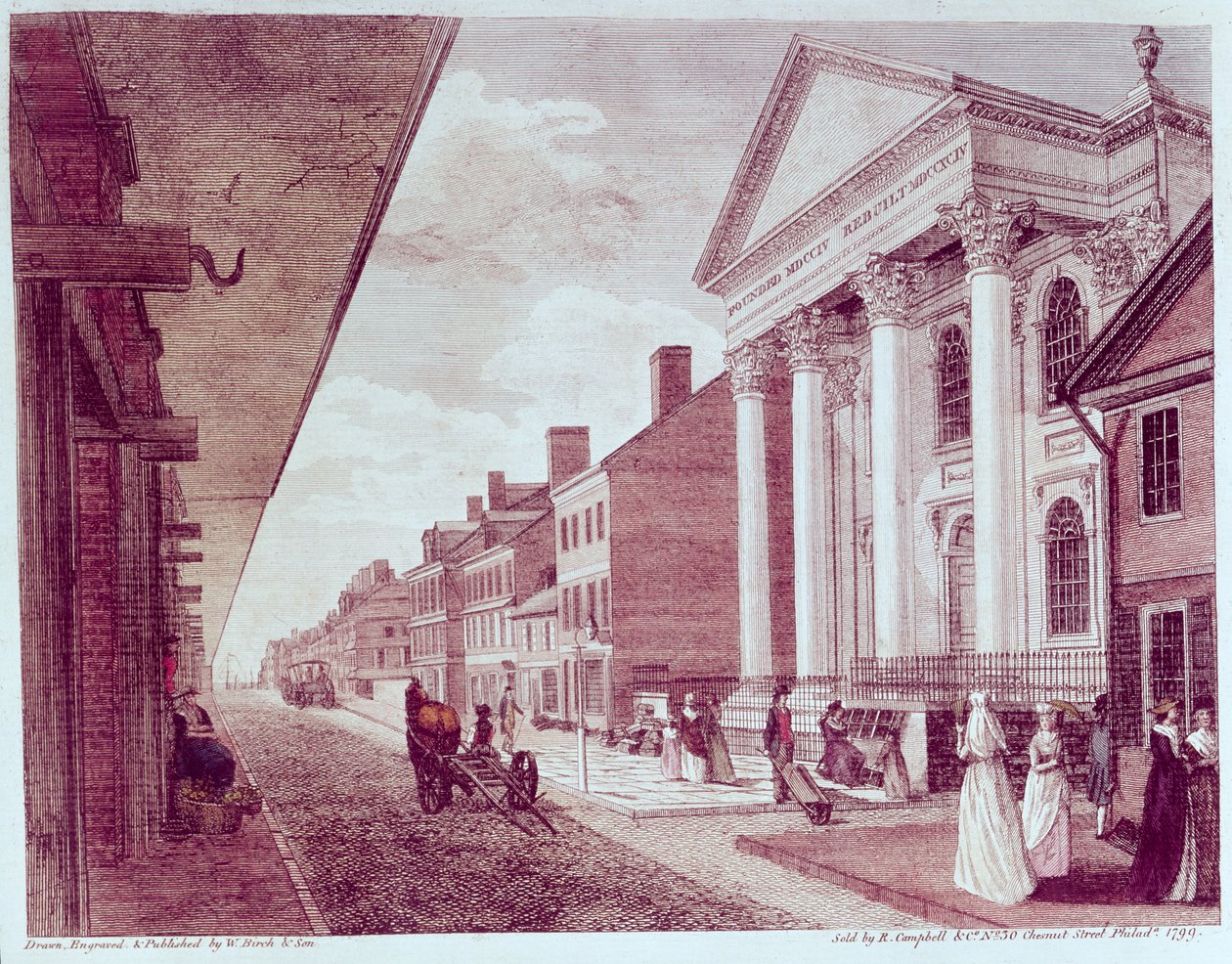 Hoofdstraat met de eerste Presbyteriaanse Kerk, Philadelphia, 1799 door American School