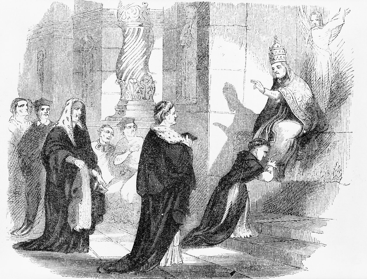 Illustratie uit een anti-katholiek pamflet die een priester toont die de gewaden van de paus kust door American School