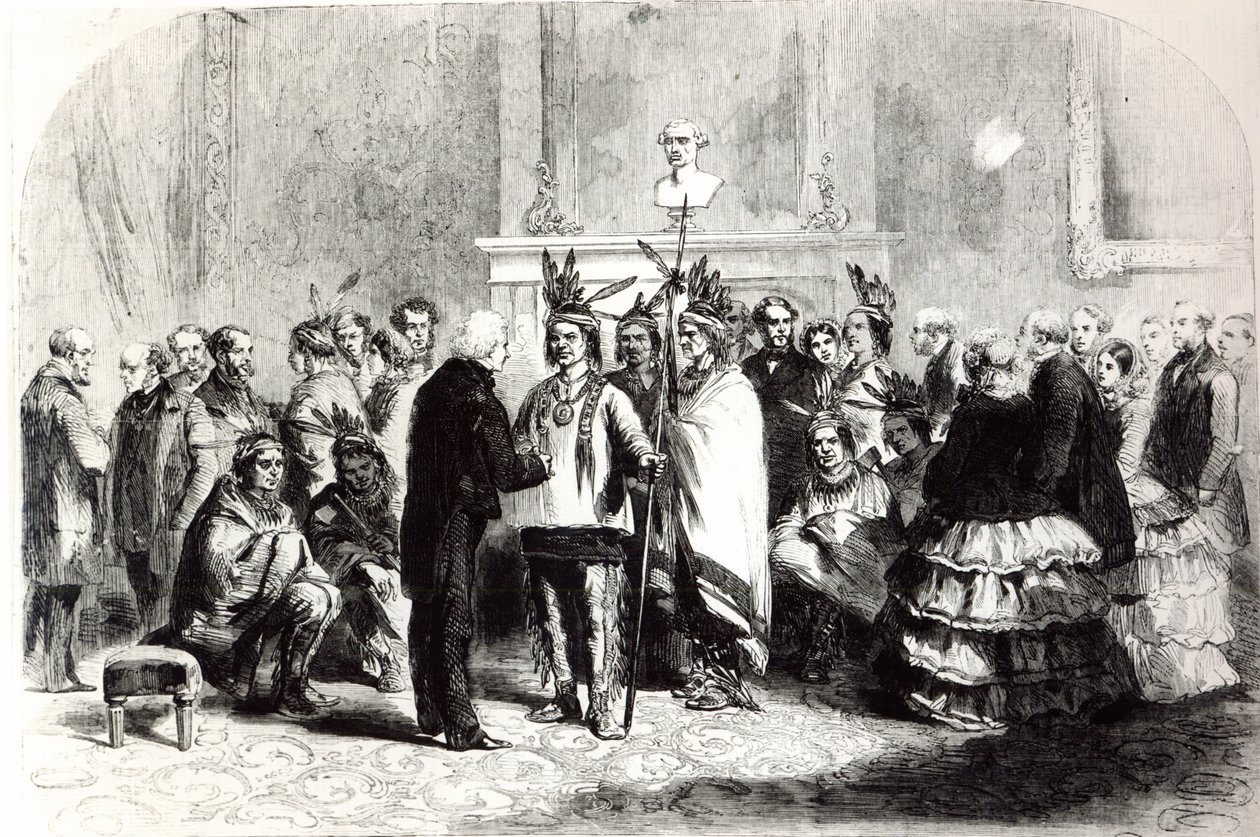 James Buchanan, president van de Verenigde Staten, die de vijandige stammen van de Pawnees en de Poncas overhaalt om handen te schudden, 1858 door American School