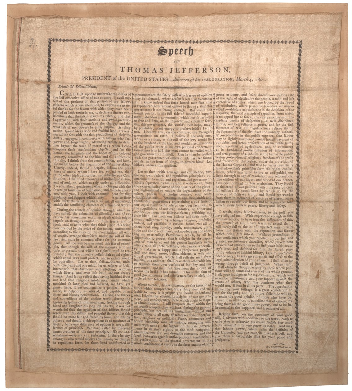 Jeffersons eerste inaugurele rede, gedrukt door Pechin, Baltimore, 4 maart 1801 door American School