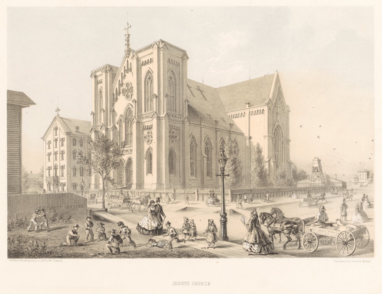 Jezuïetenkerk, Kerk van de Heilige Familie, Chicago 1866 (litho) door American School