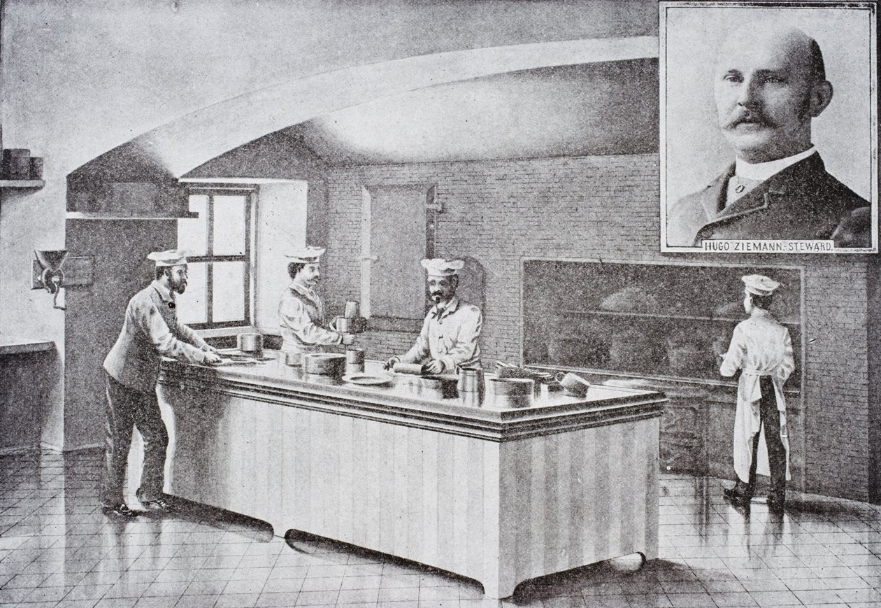 Keuken van het Witte Huis in de jaren 1890, met inzetportret van Hugo Ziemann door American School