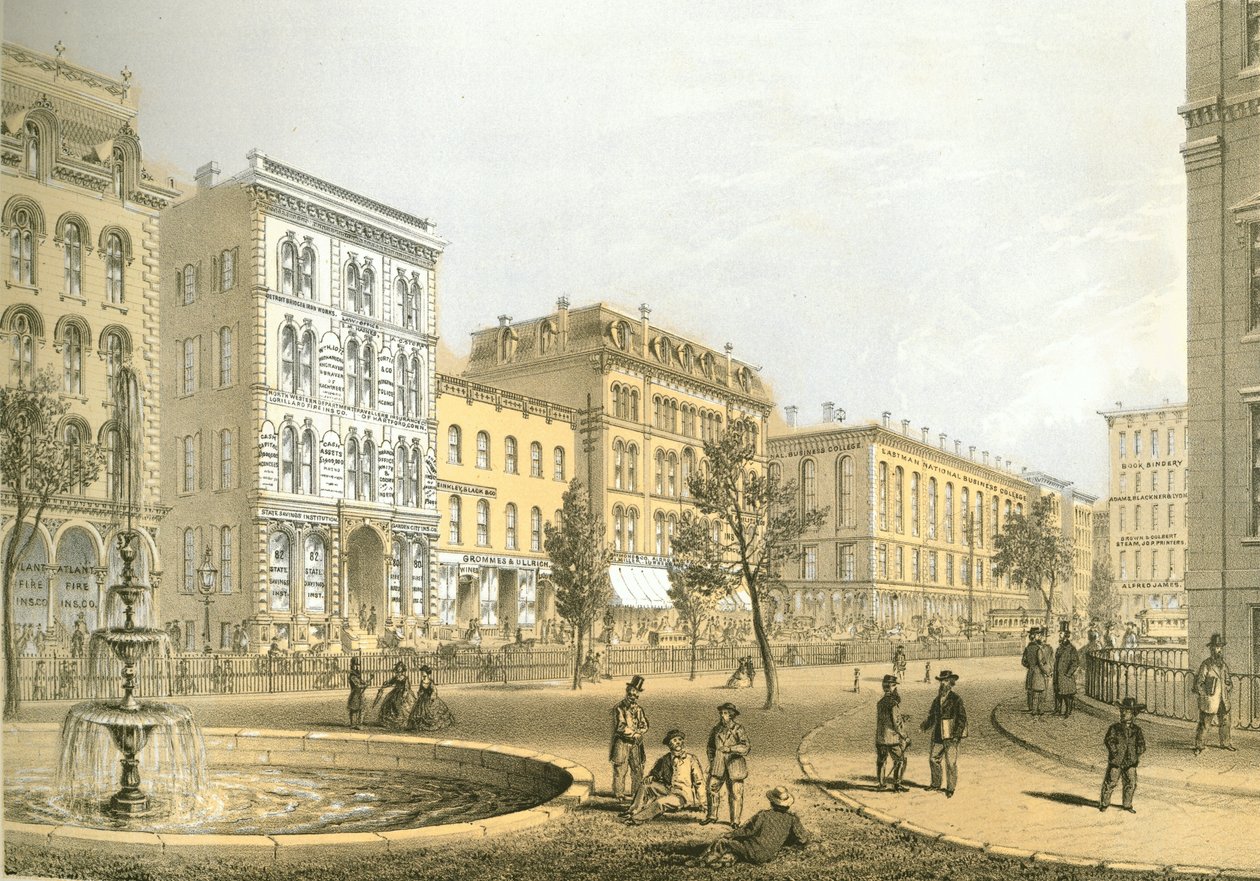 LaSalle Street vanaf Courthouse Square, uit Chicago Illustrated, met literaire beschrijvingen door James W. Sheahan, uitgegeven door Jevne & Almini, Chicago, 1866-67 door American School