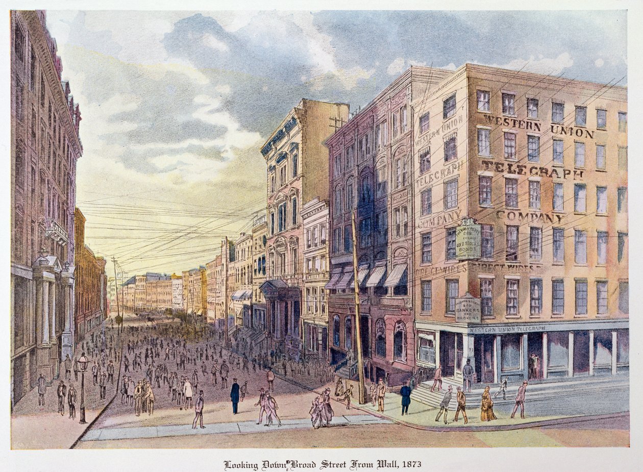 Uitzicht op Broad Street vanaf Wall in 1873, illustratie uit Old New York, gisteren en vandaag door Henry Collins Brown, 1922 door American School