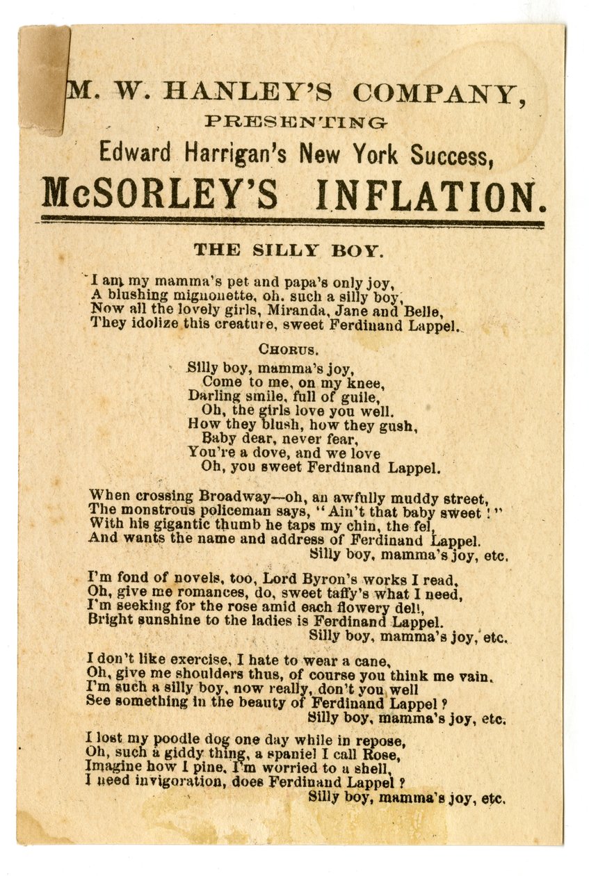 M.W. Hanleys Col presenteert Edward Harrigans nieuwste N.Y. Succes, McSorleys Inflatie [theaterkaart]. Verso door American School