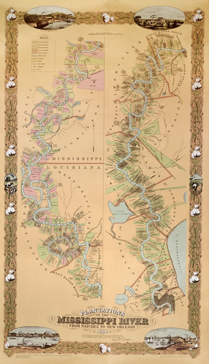 Kaart met plantages aan de Mississippi-rivier van Natchez tot New Orleans, 1858 door American School