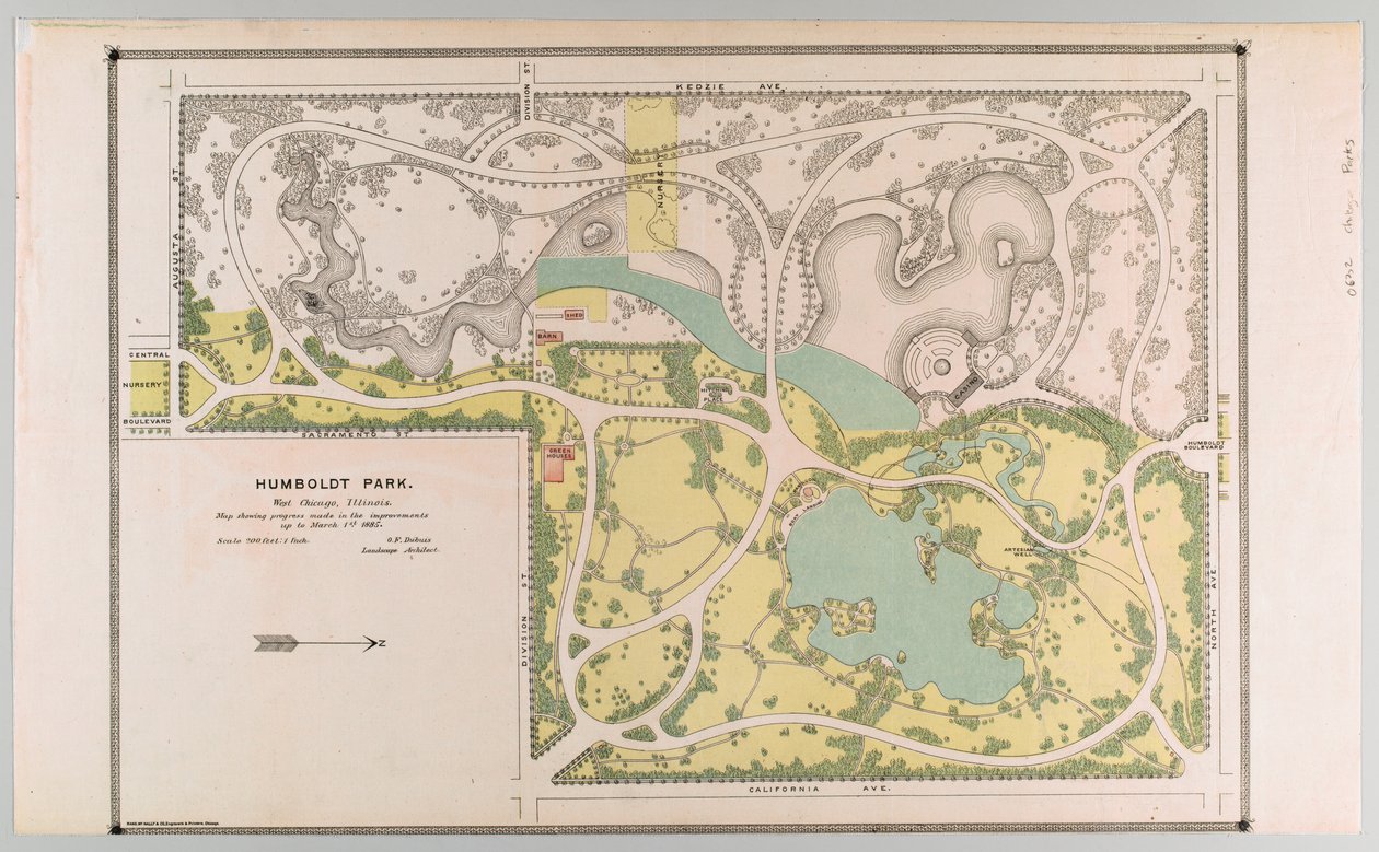 Kaart van Humboldt Park met parkverbeteringen, Chicago, Illinois door American School