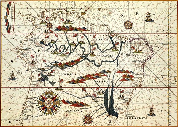 Kaart van Zuid-Amerika in 1582 door American School