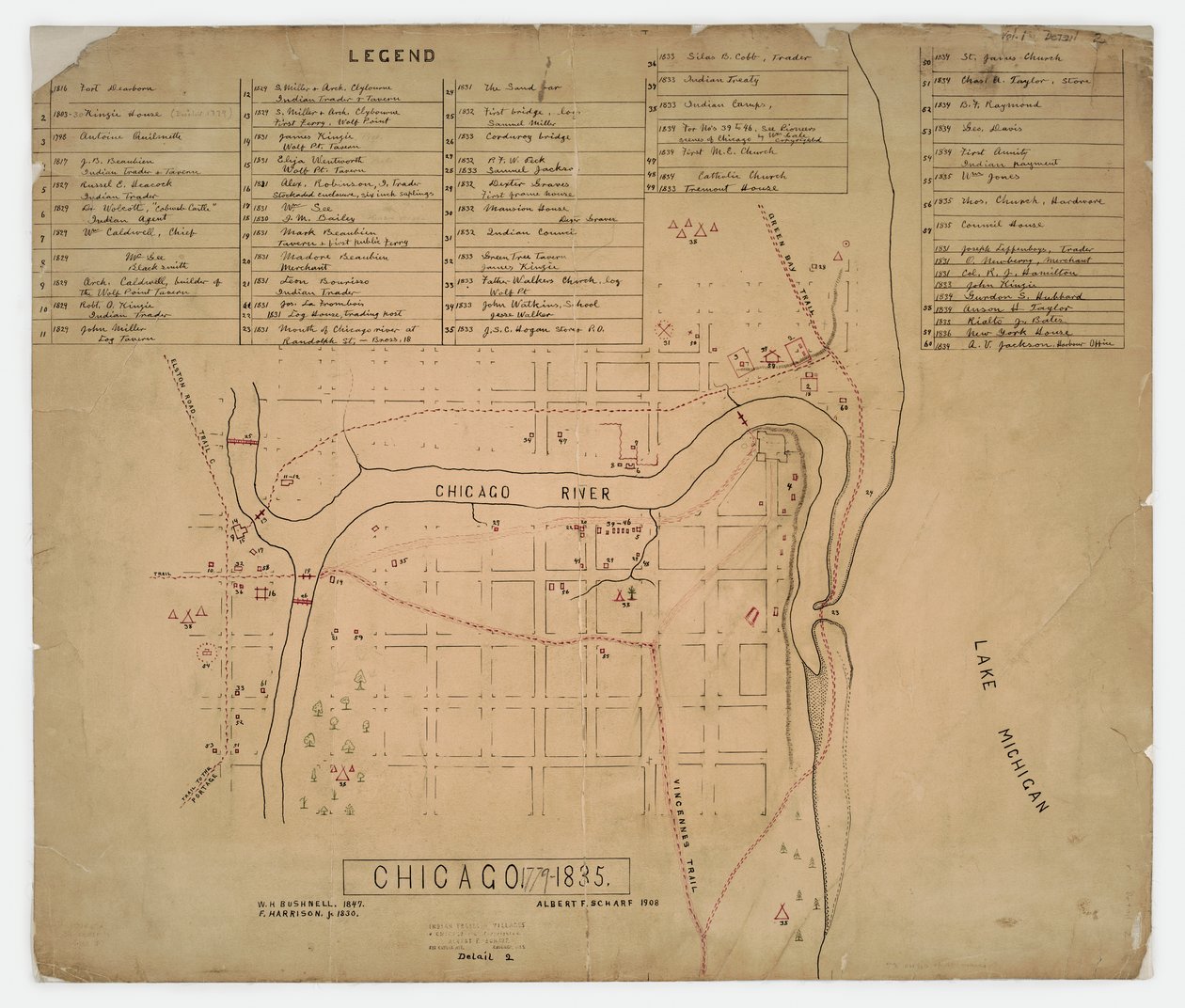 Kaart van historische huizen en locaties in Chicago, Illinois, ca. 1835 door American School