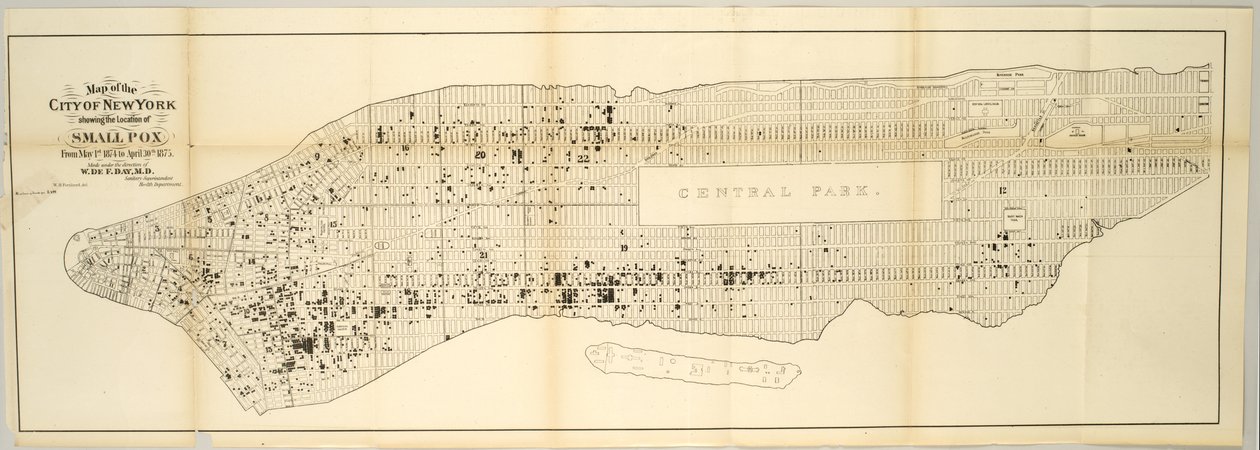 Kaart van de stad New York met de locatie van pokken, van 1 mei 1874 tot 30 april 1875 door American School