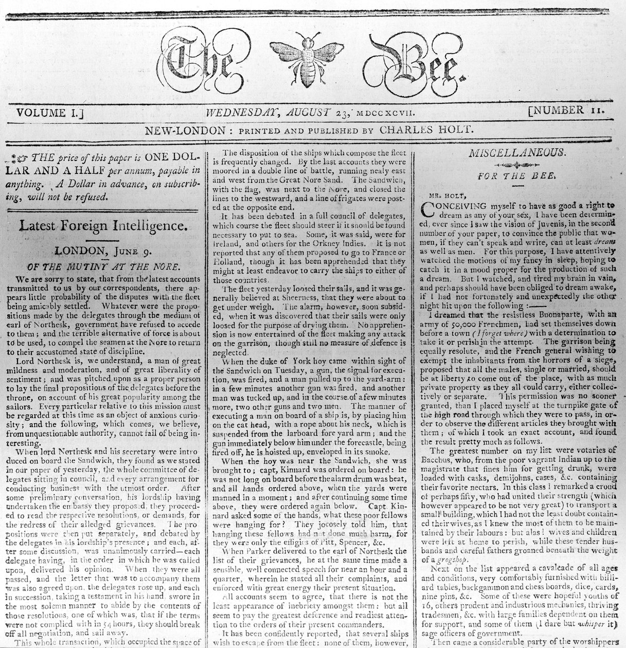 Kop van The Bee, gedrukt 23 augustus 1797 door American School