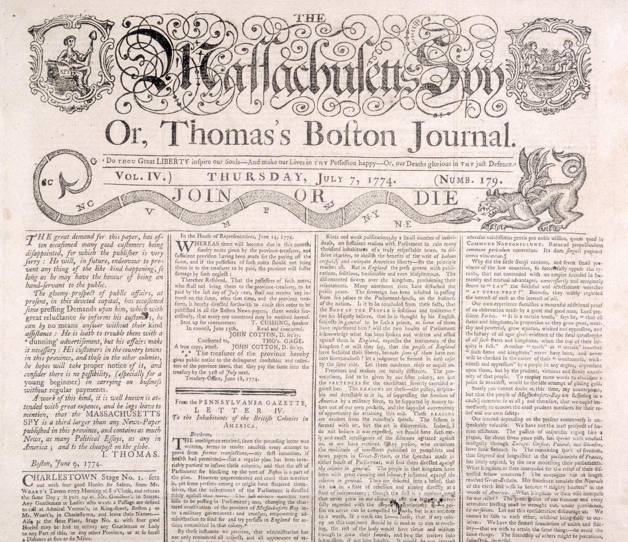 Koptekst van de Massachusetts Spy 7 juli 1774 door American School