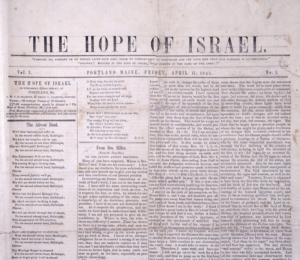 Koptekst van The Hope of Israel, gedrukt Portland, Maine 17 april 1845 door American School