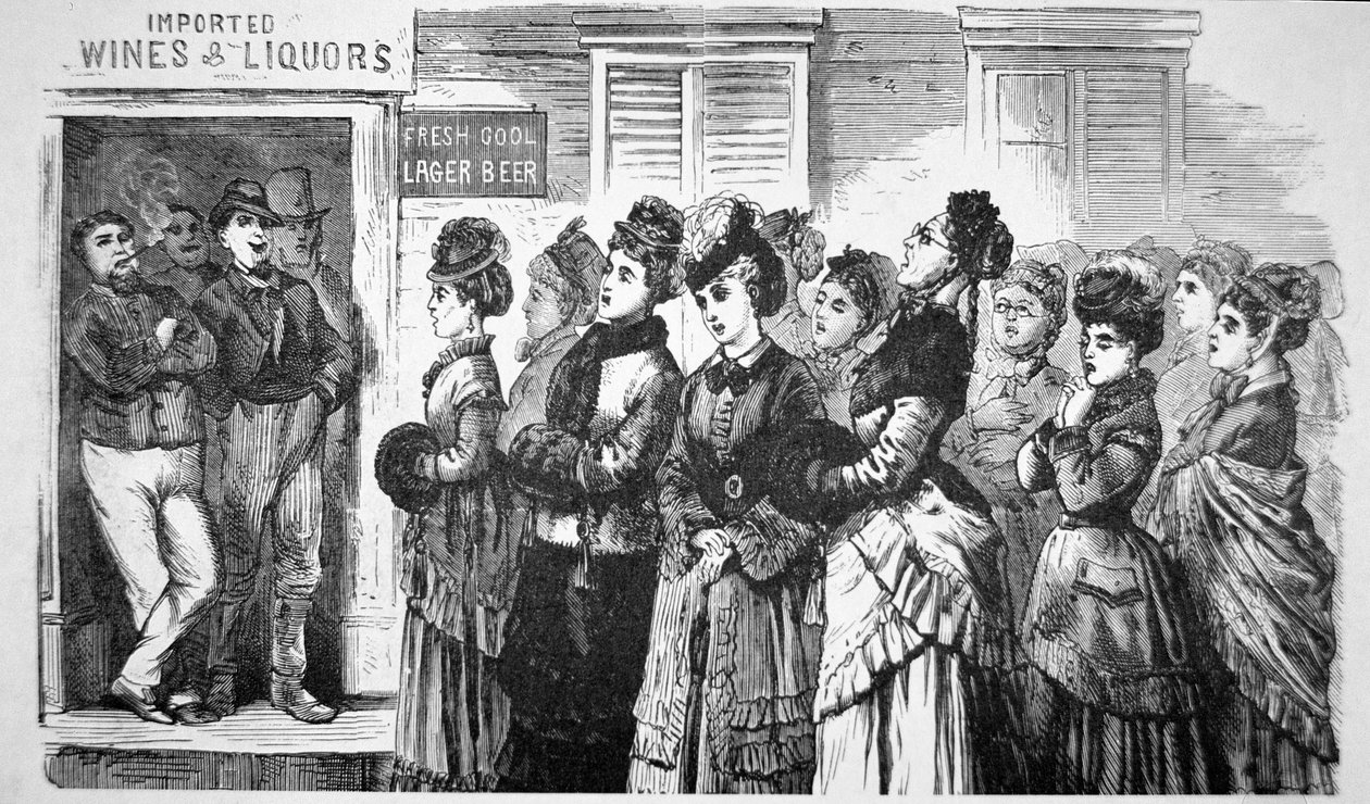 Leden van de Nationale Christelijke Matigheidsunie zingen hymnes en bidden voor verloren zielen in een saloon door American School