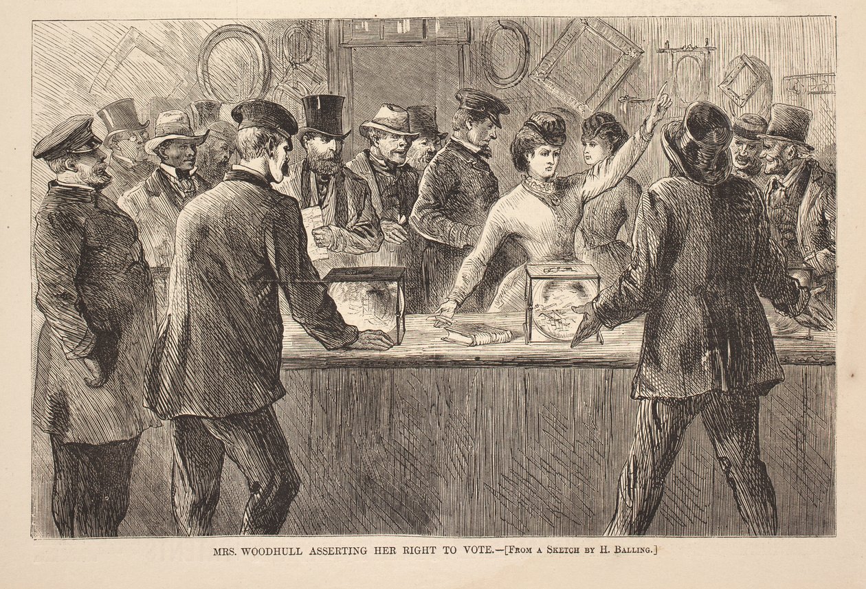 Mevrouw Woodhull die haar stemrecht opeist, gravure uit Harper