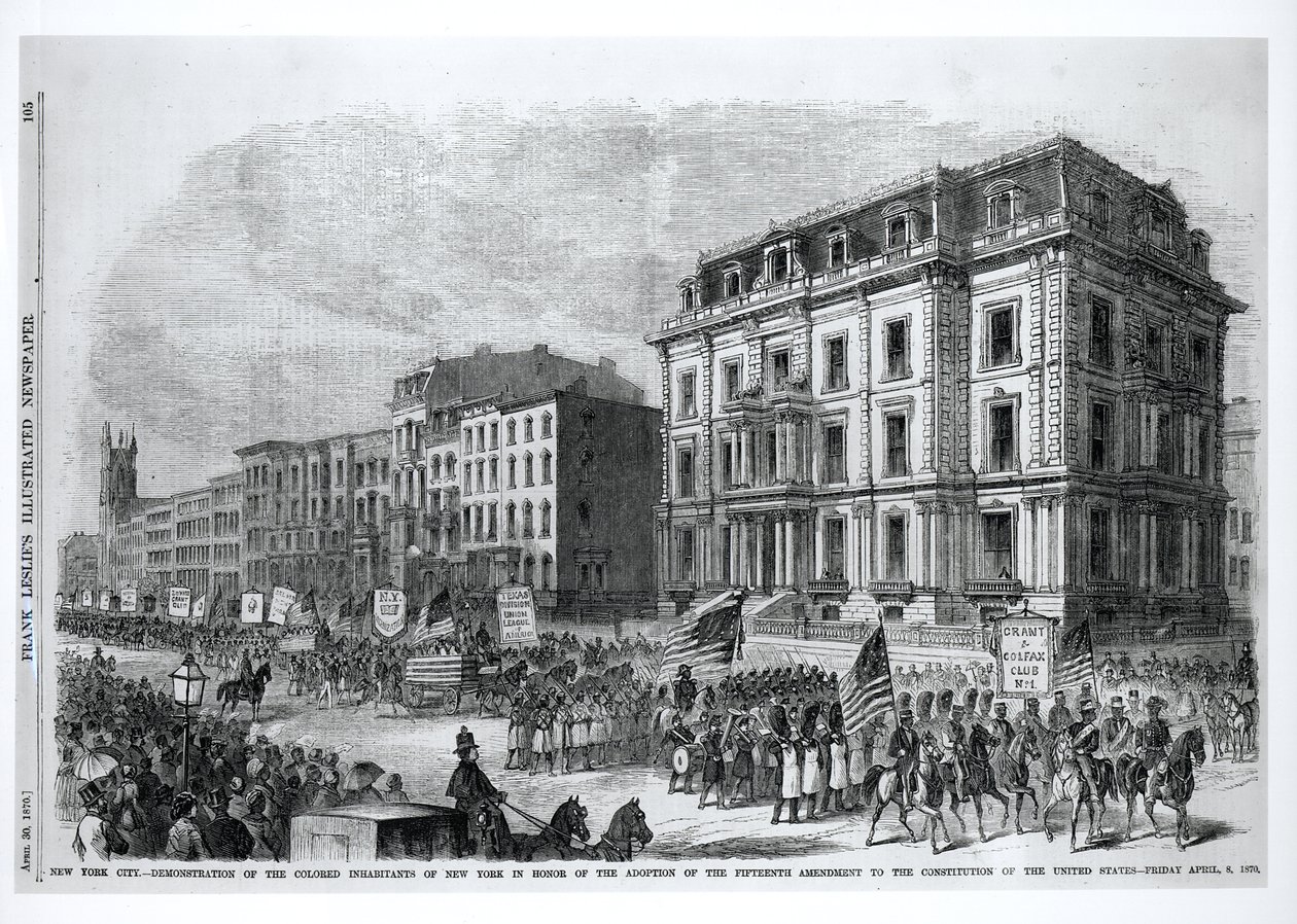 New York City: Demonstratie van de gekleurde inwoners van New York ter ere van de goedkeuring van het vijftiende amendement op de Grondwet van de Verenigde Staten, 8 april 1870, uit 