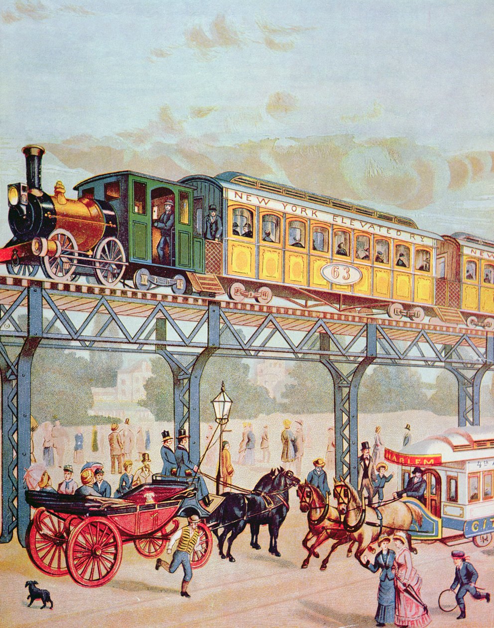 New York Elevated Railway, ca. 1880 (kleur litho) door American School