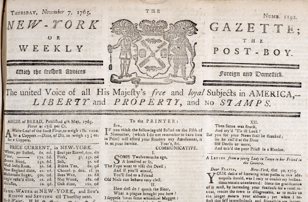 Koptekst van de New York Gazette die zijn verzet tegen de stempels verklaart, gedrukt 7 november 1765 door American School