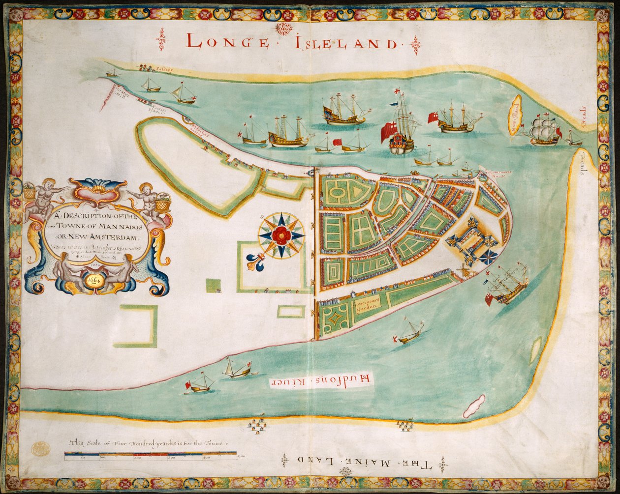 New York: plan van Manhattan, Long Island, de Hudson River en Nieuw Amsterdam door American School