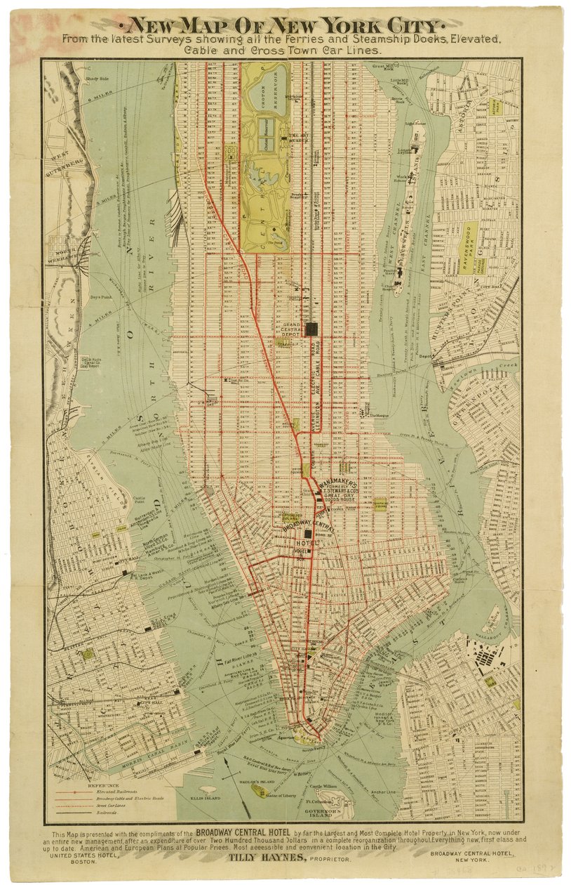 Nieuwe kaart van New York City van de nieuwste onderzoeken met alle veerboten en stoomschipdokken, verhoogde, metro