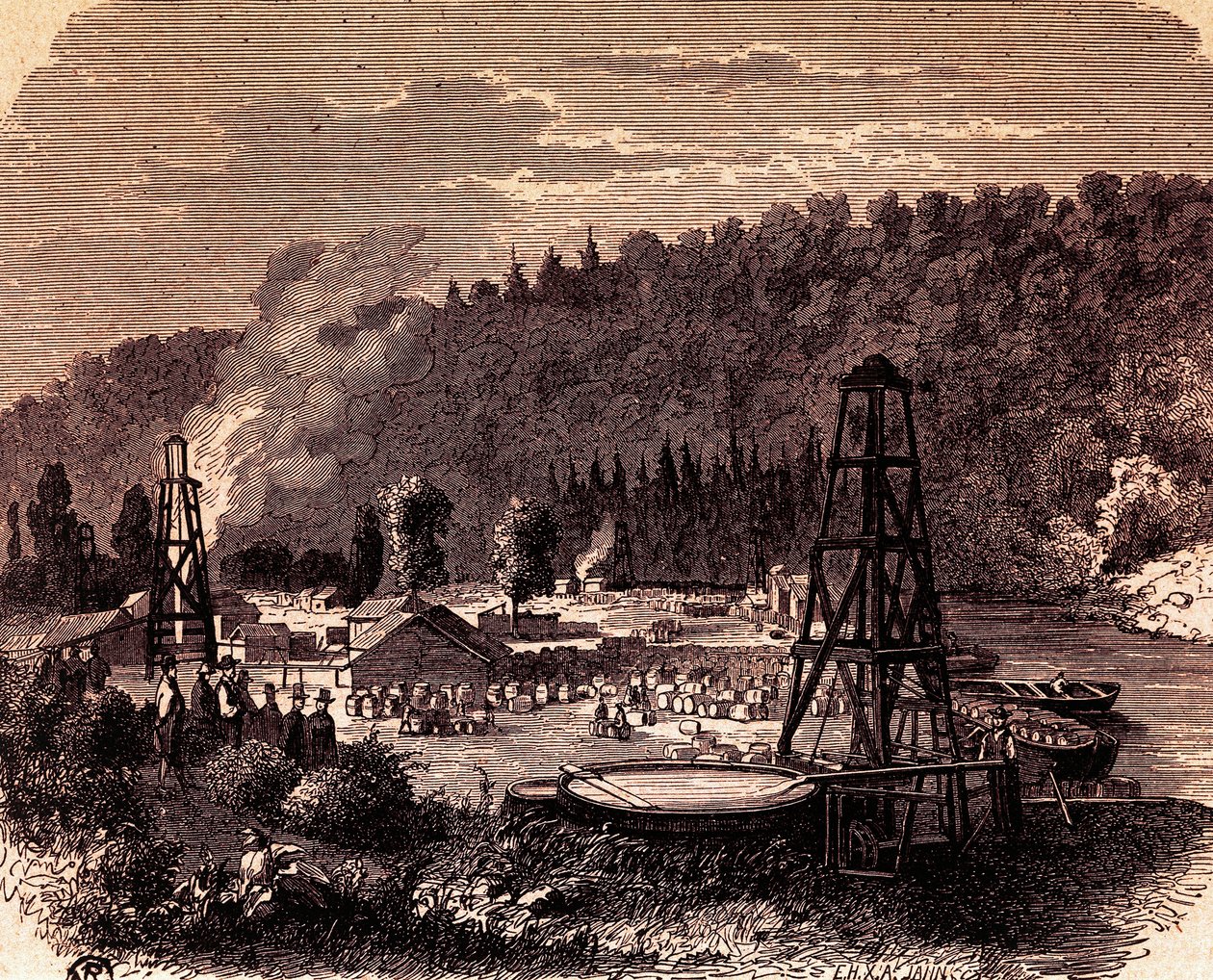 Olievelden in Titusville in Pennsylvania, met eerste boortoren uitgevonden door Edwin Laurentine Drake in 1859, gravure, VS door American School