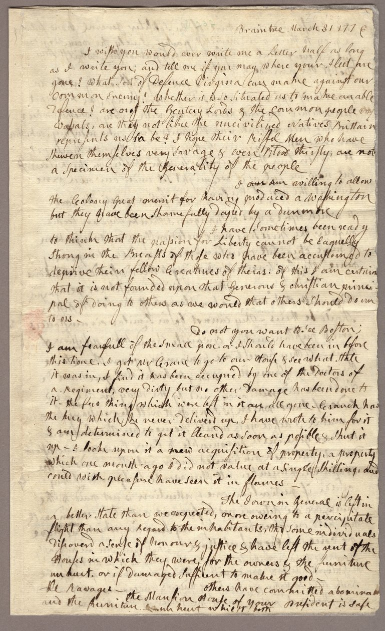 Pagina 1, Brief van Abigail Adams aan John Adams, 31 maart - 5 april 1776 (inkt op papier) door American School