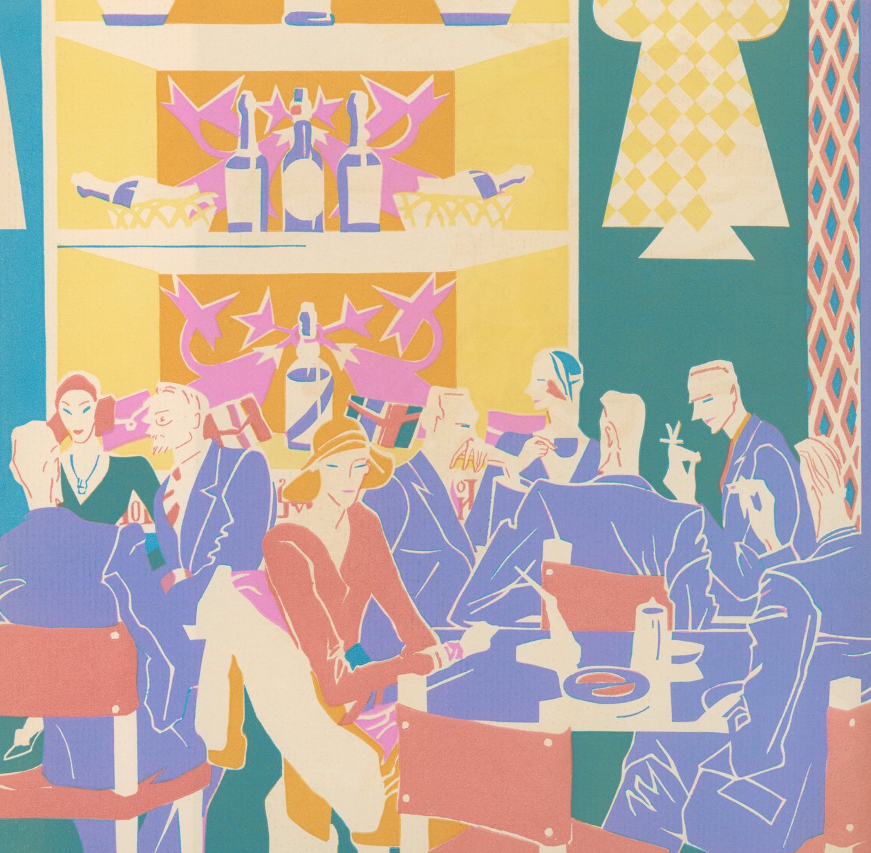 Gasten aan Tafels in een Art Deco Jazz Club door American School