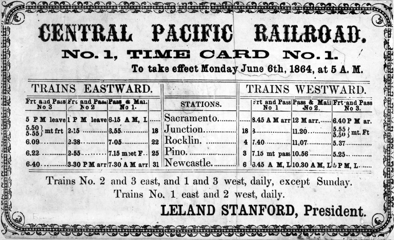 Fotografische afdruk van de originele dienstregeling van de Central Pacific Railroad Company voor 6 juni 1864, 1864 door American School