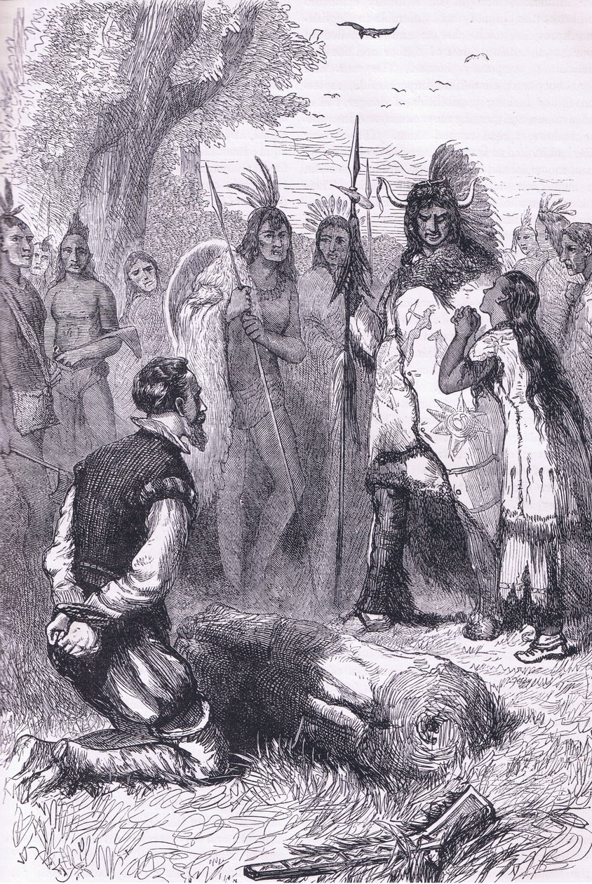 Pocahontas redt het leven van kapitein Smith, illustratie uit Cassell