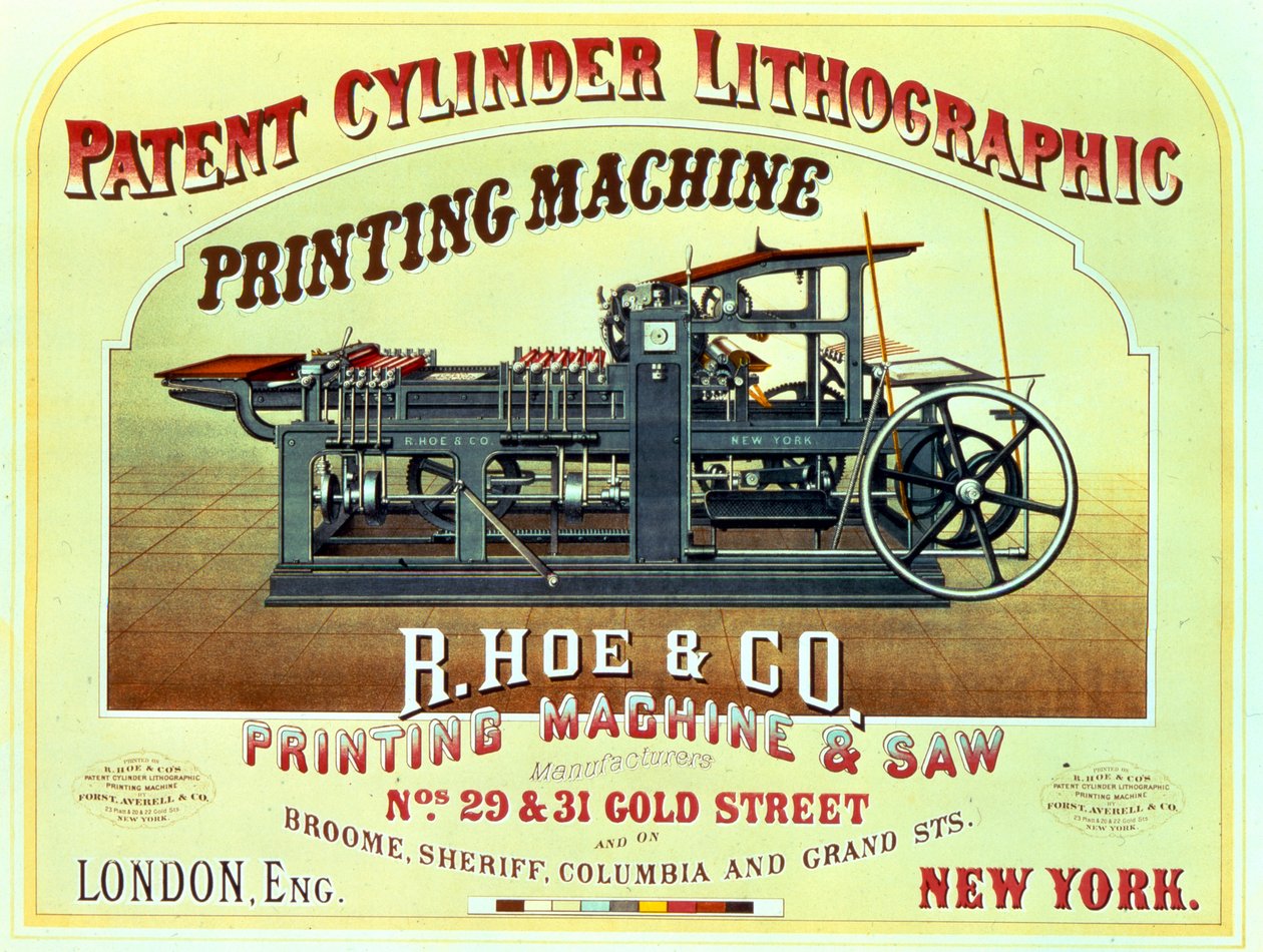 Poster die de Patent Cylinder Lithographic Printing Machine adverteert, R. Hoe & Co., Londen en New York door American School