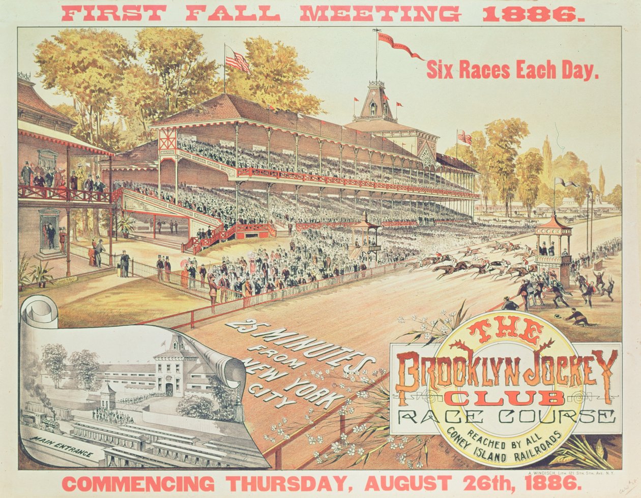Poster die The Brooklyn Jockey Club Race Course adverteert, 1886 door American School