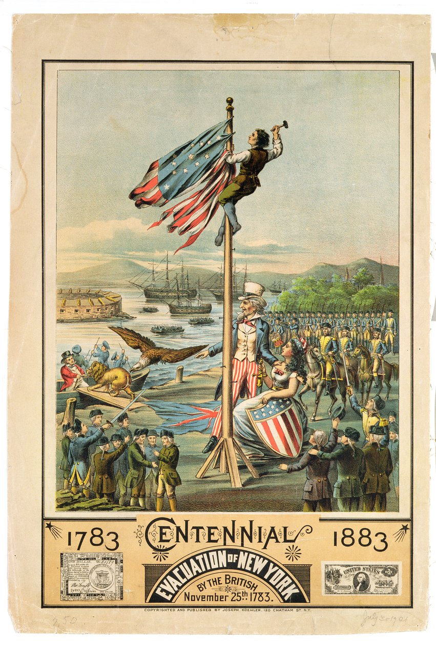 Poster die de honderdjarige herdenking van de evacuatie van New York door de Britten op 25 november 1783 adverteert, 1883 door American School