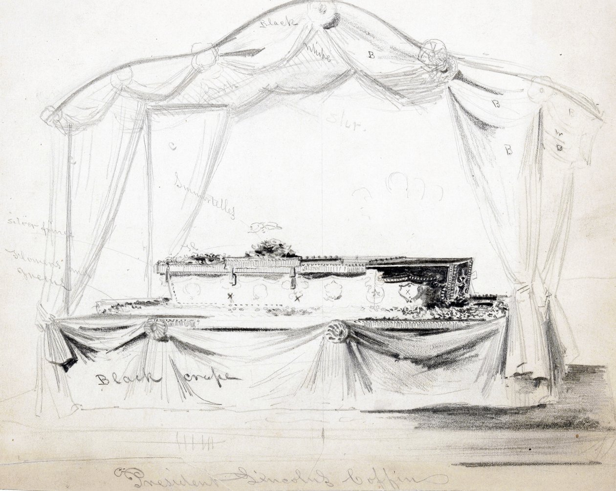 President Abraham Lincolns kist opgebaard in het Witte Huis, Washington D.C., april 1865 door American School