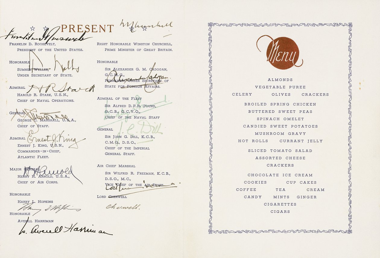 Gedrukt menu ondertekend door Winston Churchill en Franklin D. Roosevelt, U.S Flagship Augusta, Ship