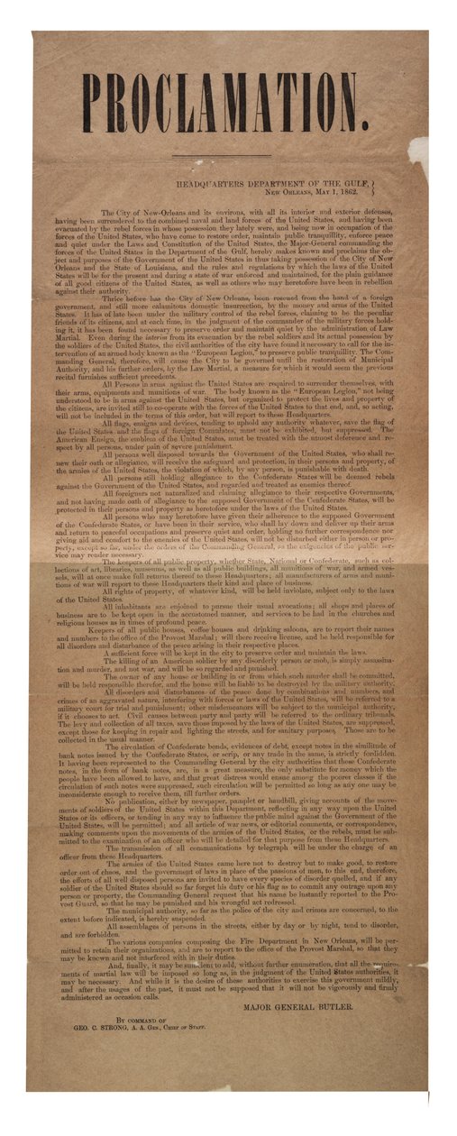 Proclamatie, 1 mei 1862 door American School