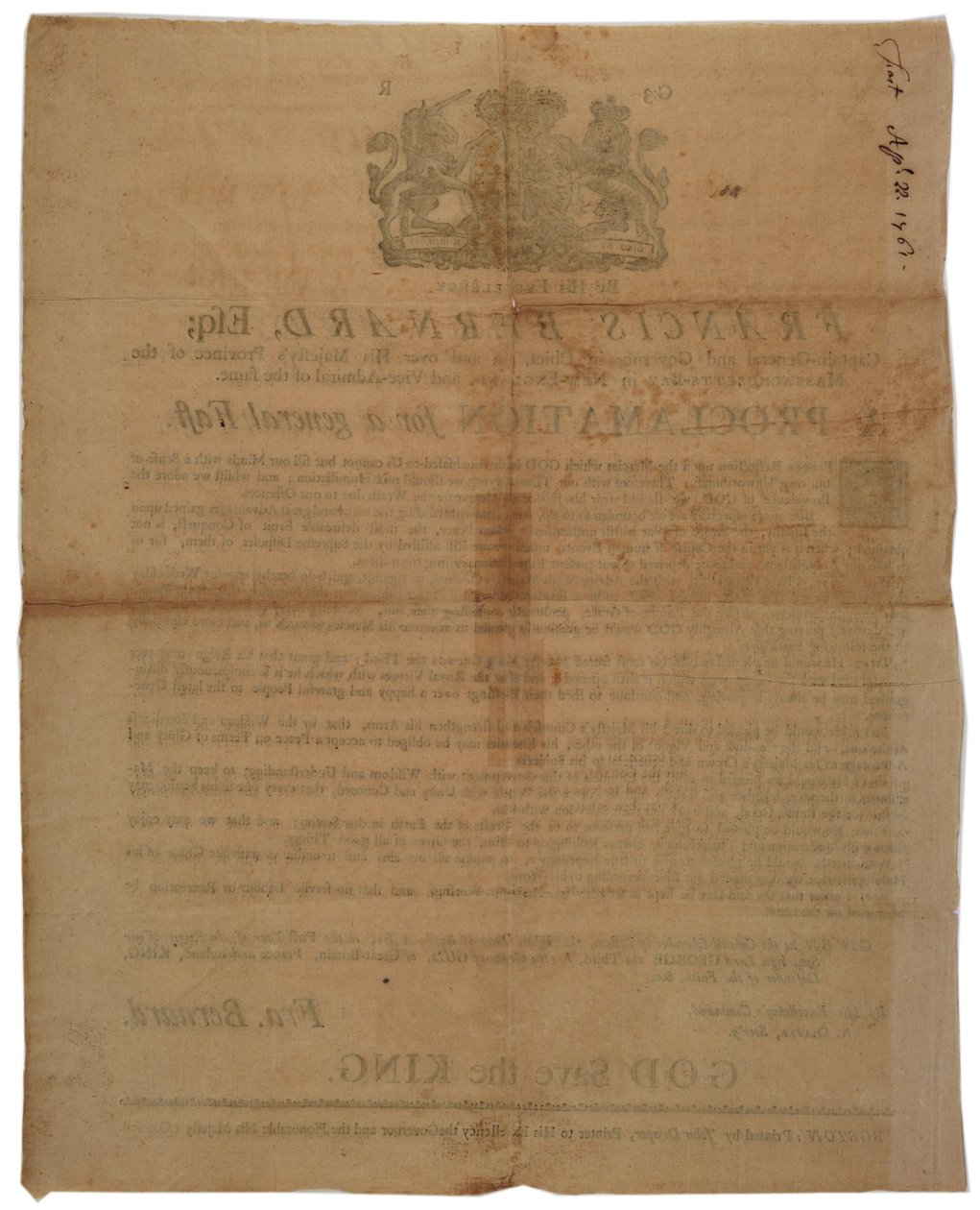 Proclamatie namens Francis Bernard, gouverneur van Massachusetts Bay: aankondiging van een vastendag tijdens de Franse en Indiaanse Oorlog, 8 april 1761 door American School