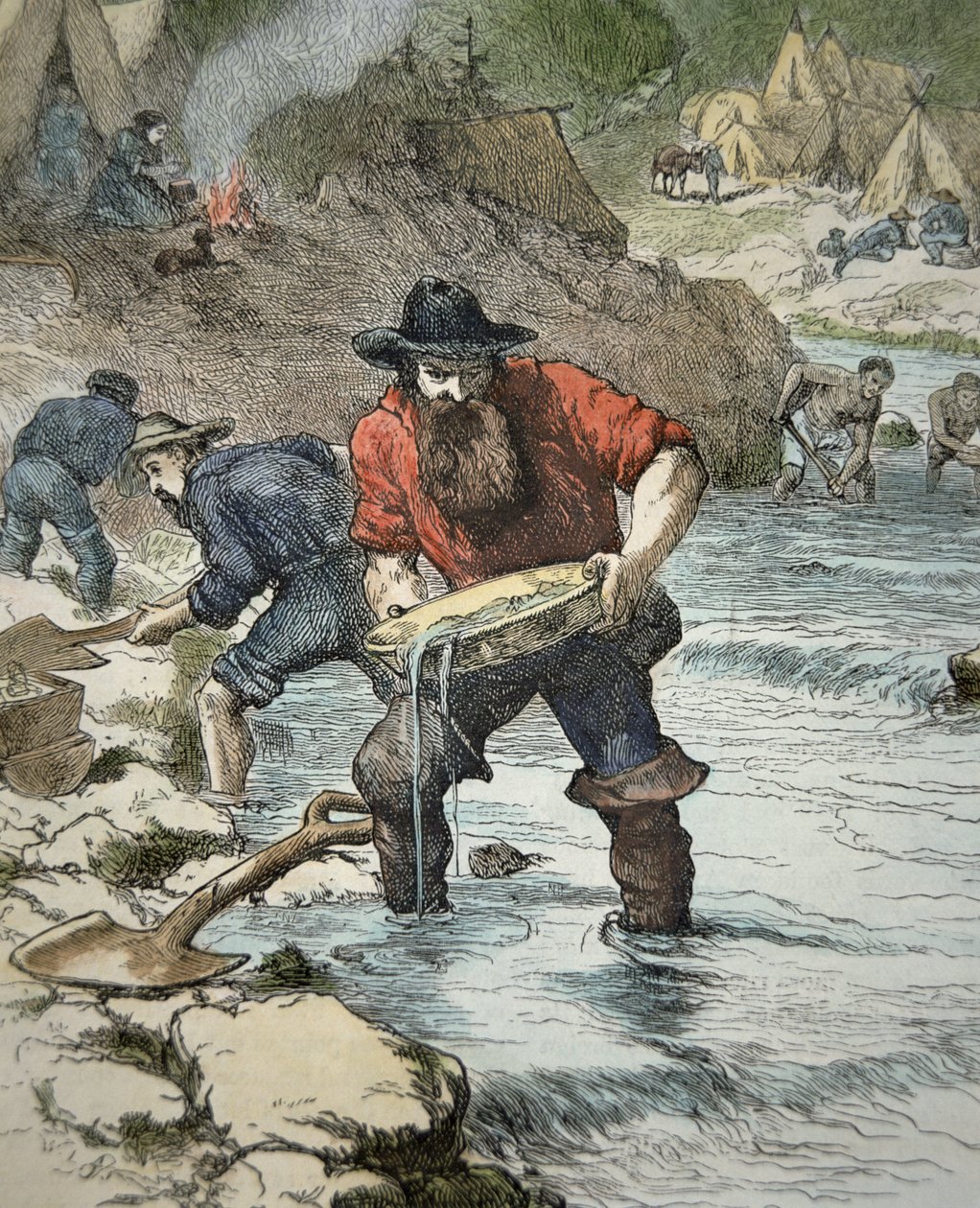 Goudzoekers die goud pannen tijdens de Californische Gold Rush van 1849 door American School