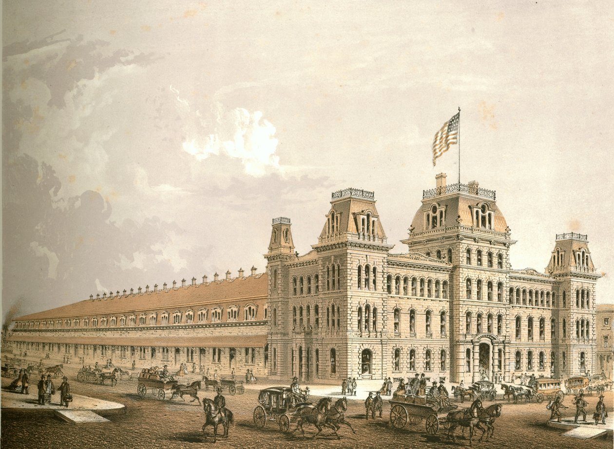 Spoorwegstation, uit Chicago Illustrated, met literaire beschrijvingen door James W. Sheahan, uitgegeven door Jevne & Almini, Chicago, 1866-67 door American School