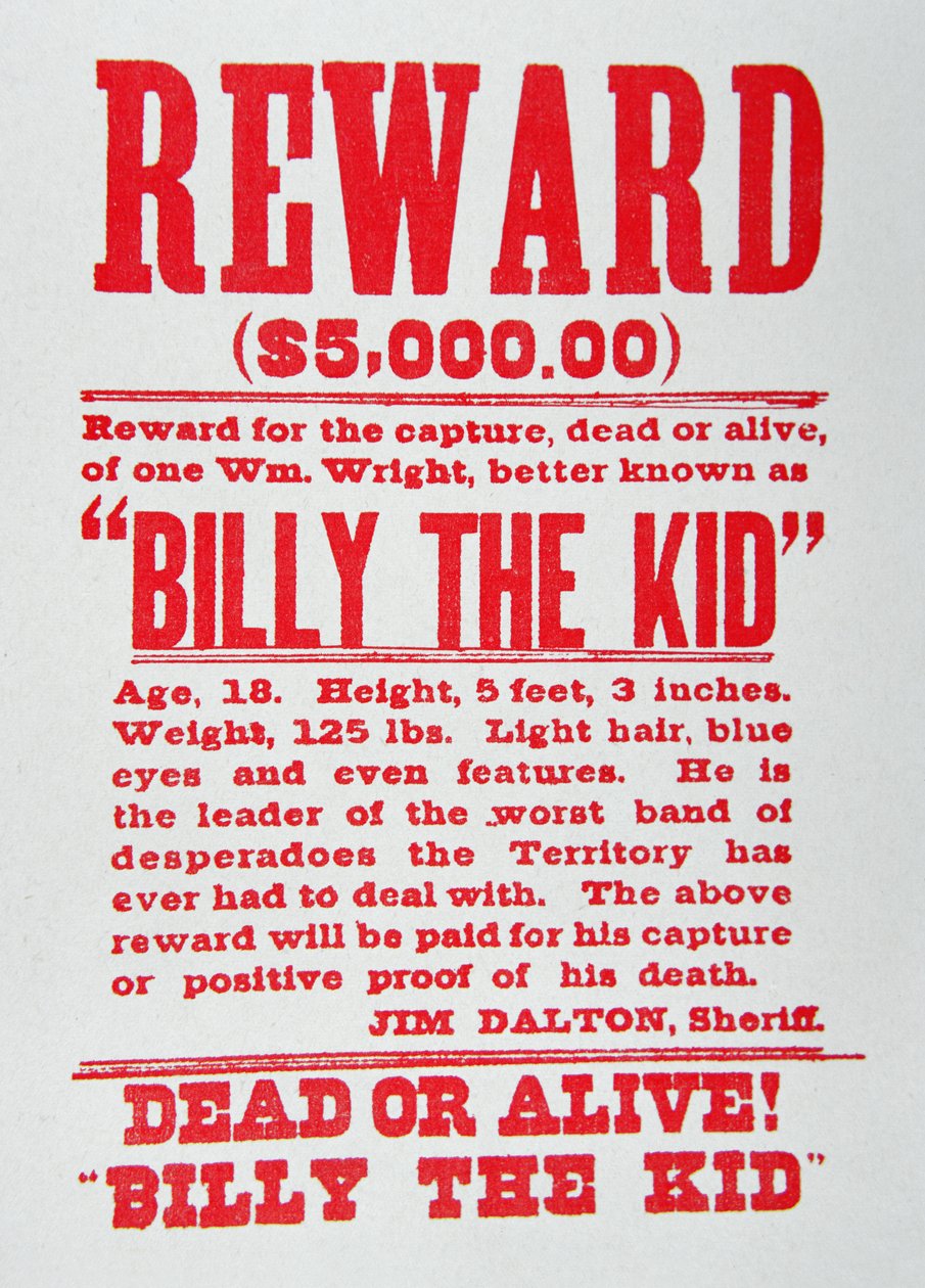 Beloningsposter voor Billy the Kid (1859-81) (litho) door American School