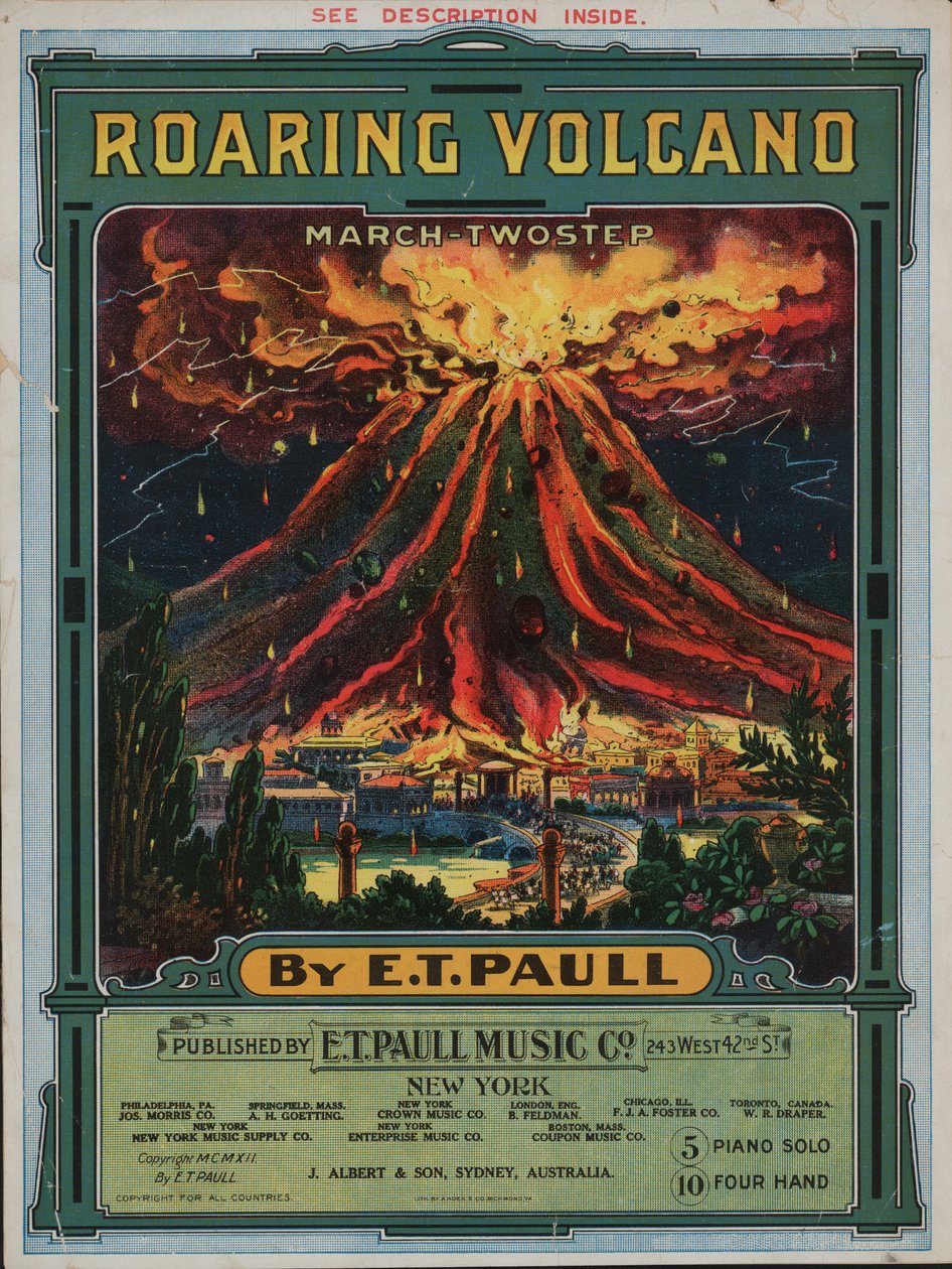Bulderende vulkaan (kleurenlitho) door American School