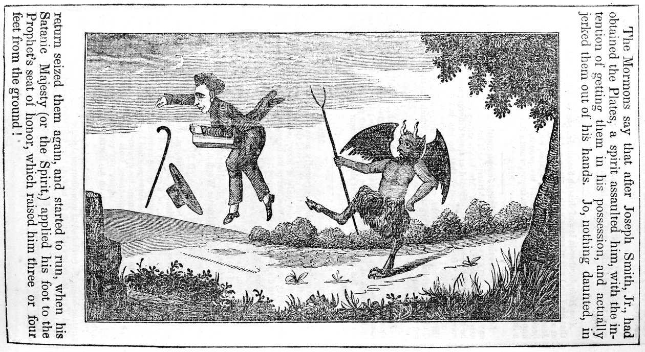 Satan schopt Joseph Smith (1805-44) van de achterpagina van de Anti-Mormon Almanac voor 1842 door American School