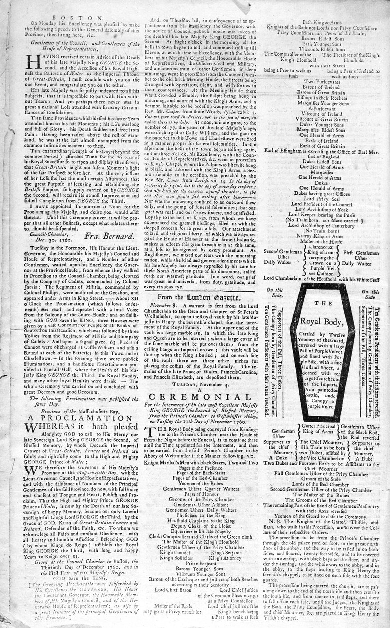 Tweede pagina van de Boston Evening Post met aankondiging van de dood van koning George II (1683-1760), 5 januari 1761 (prent) door American School