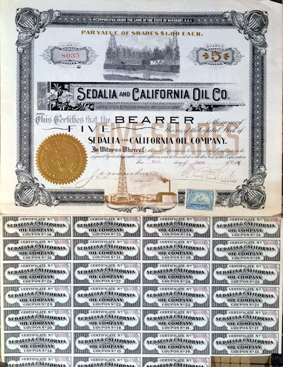 Aandeelbewijs voor de Sedalia en Californische Olie Maatschappij, V.S.A., 1901 door American School