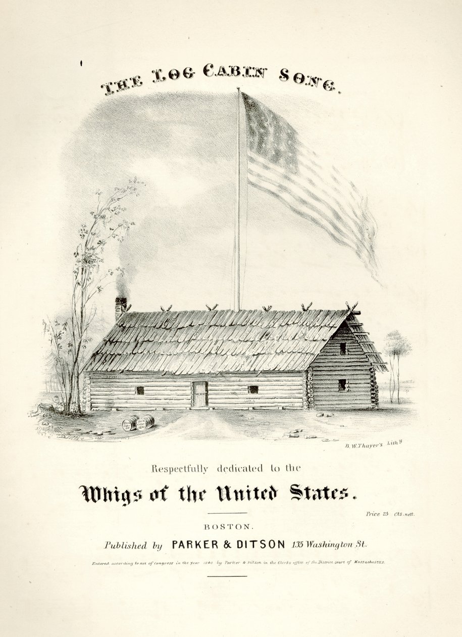 Bladmuziekomslag voor The Log Cabin Song..., uitgegeven door Parker & Ditson, Boston, 1840 door American School