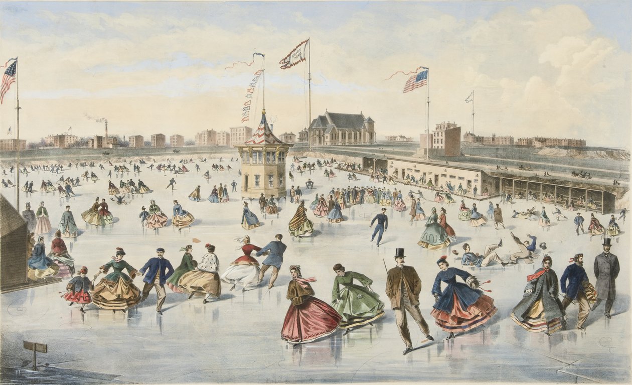 Schaatsen op Union Pond, uitgegeven 1863 (kleur litho) door American School