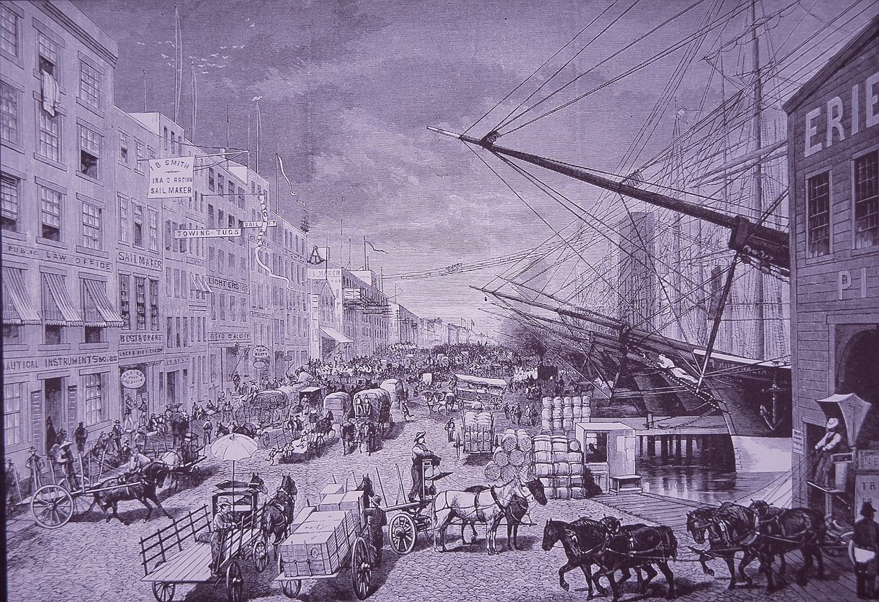 South Street Seaport in de jaren 1870, New York City (gravure) door American School