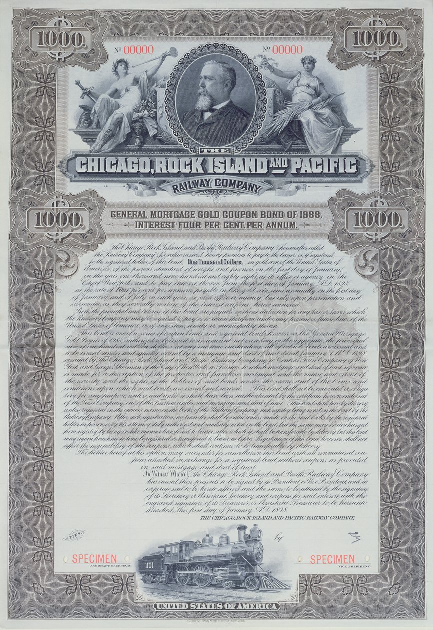 Voorbeeld obligatiecertificaat voor 1000 dollar voor de Chicago, Rock Island and Pacific Railway Company, 1898 door American School