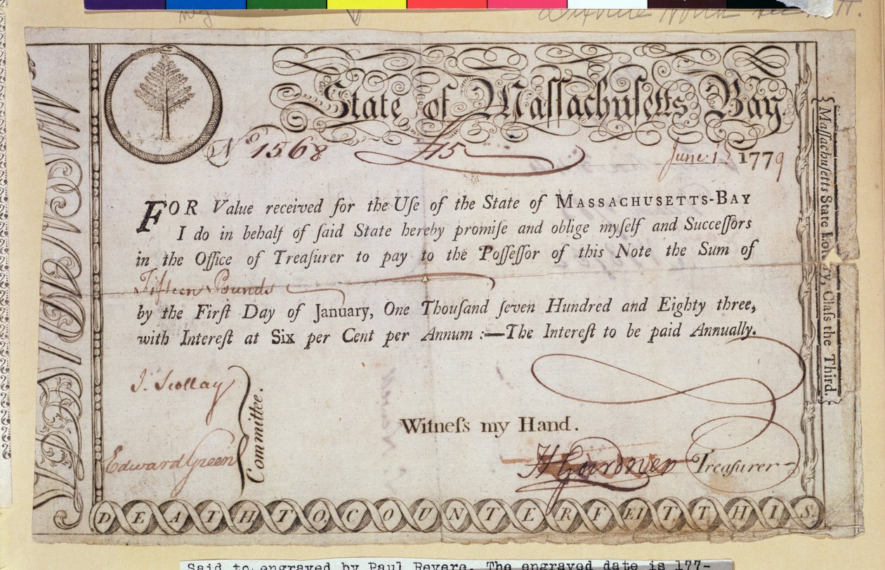 Promesse van de staat Massachusetts Bay, zogenaamd gegraveerd door Paul Revere, 1779 door American School