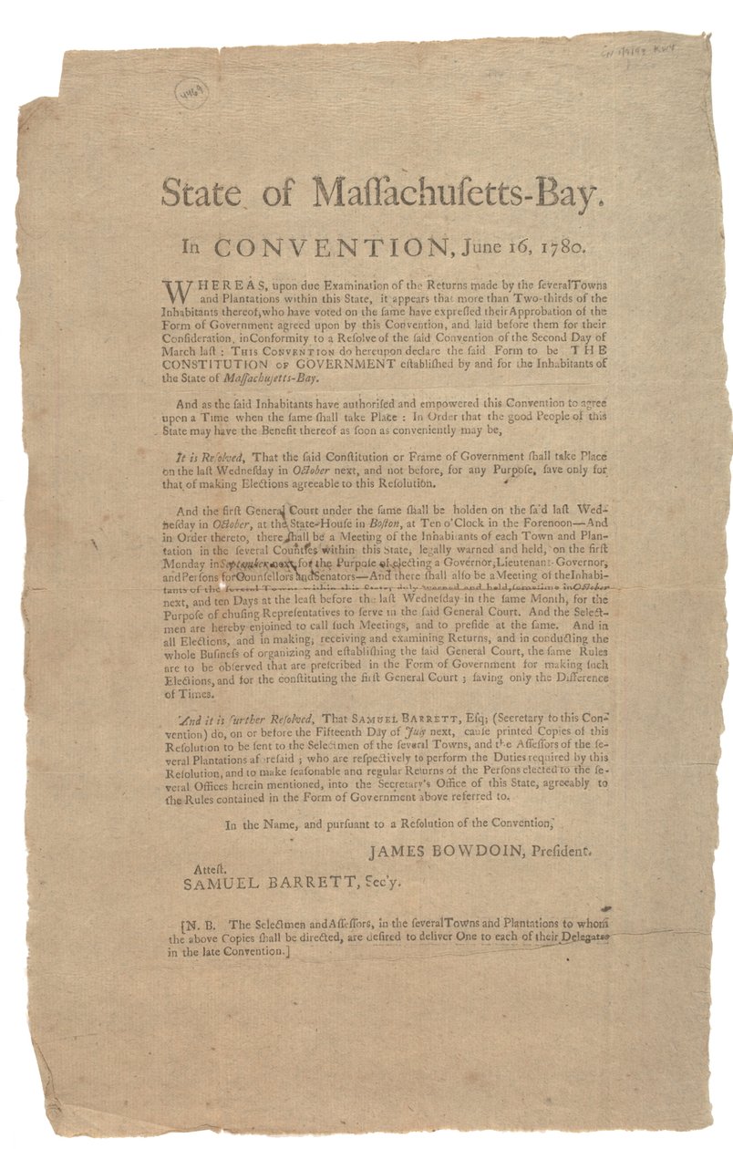Staat van Massachusetts in Conventie, Staatsgrondwet, 16 juni 1780 door American School