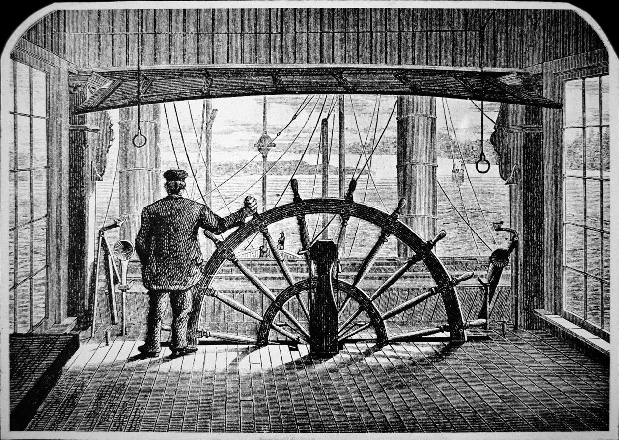 Stoombootpiloot in de stuurhut, c.1870 door American School